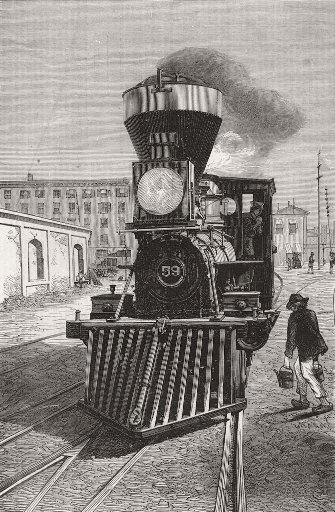 RAILWAYS. American locomotive engine & cow catcher 1873 old antique print